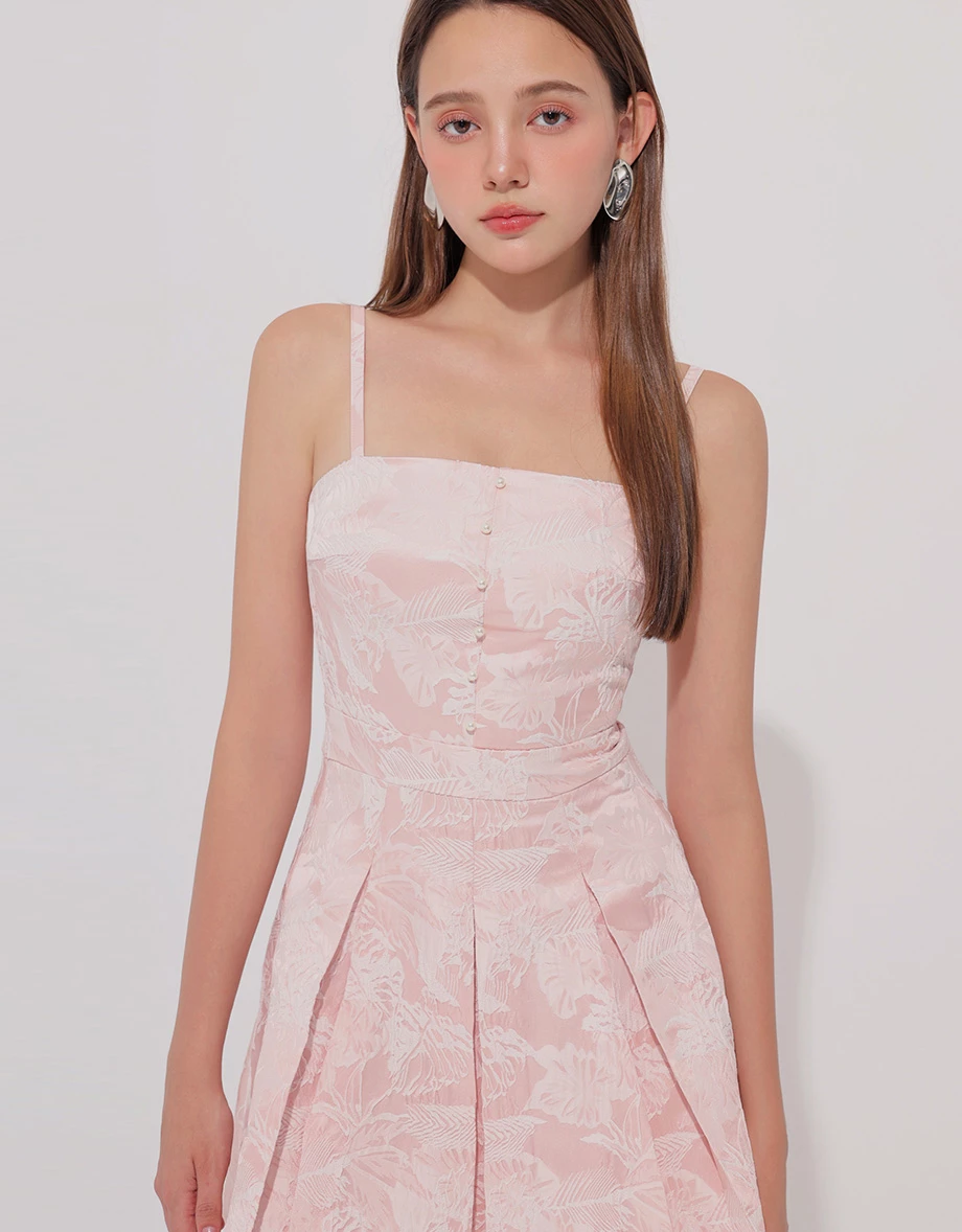 CNY CHEONGSAM QIPAO Dress Floral Jacquard Pleated Cheongsam Qipao Cami Mini Dress with Pearl Button Detail