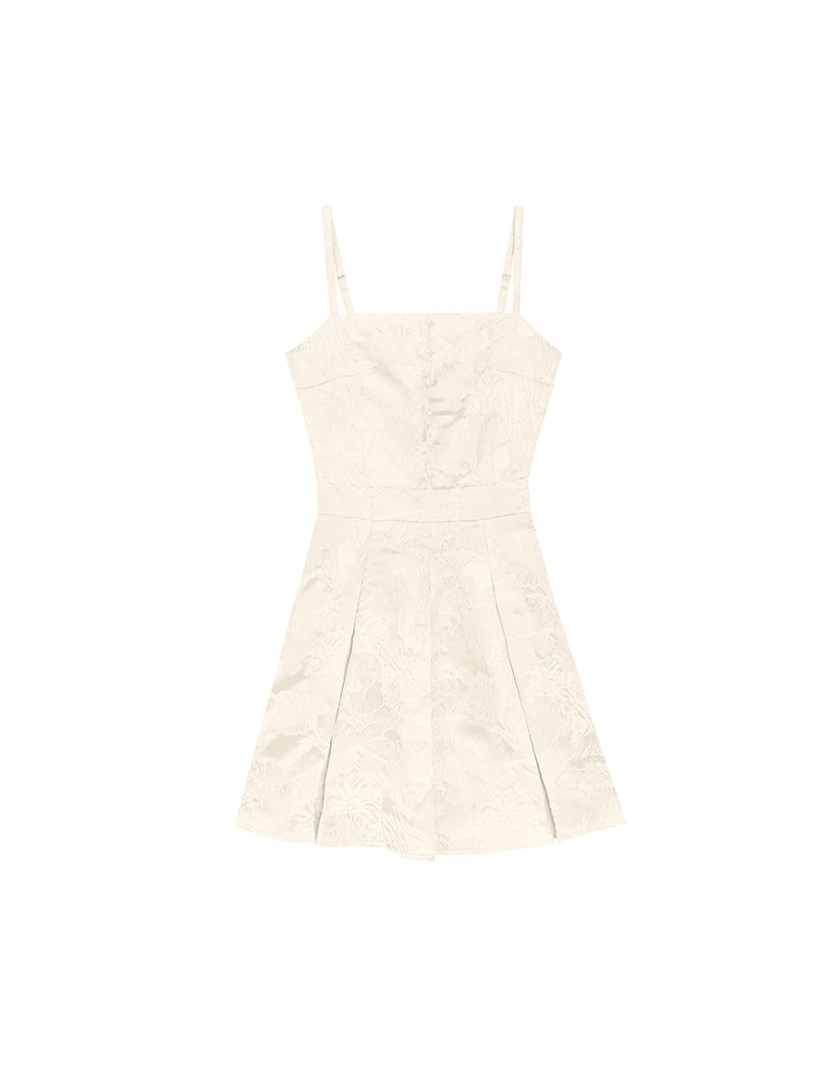 CNY CHEONGSAM QIPAO Dress Floral Jacquard Pleated Cheongsam Qipao Cami Mini Dress with Pearl Button Detail
