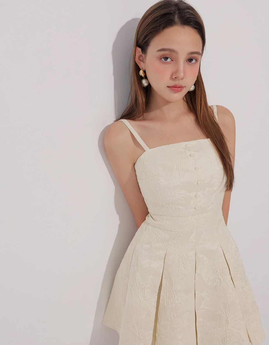 CNY CHEONGSAM QIPAO Dress Floral Jacquard Pleated Cheongsam Qipao Cami Mini Dress with Pearl Button Detail