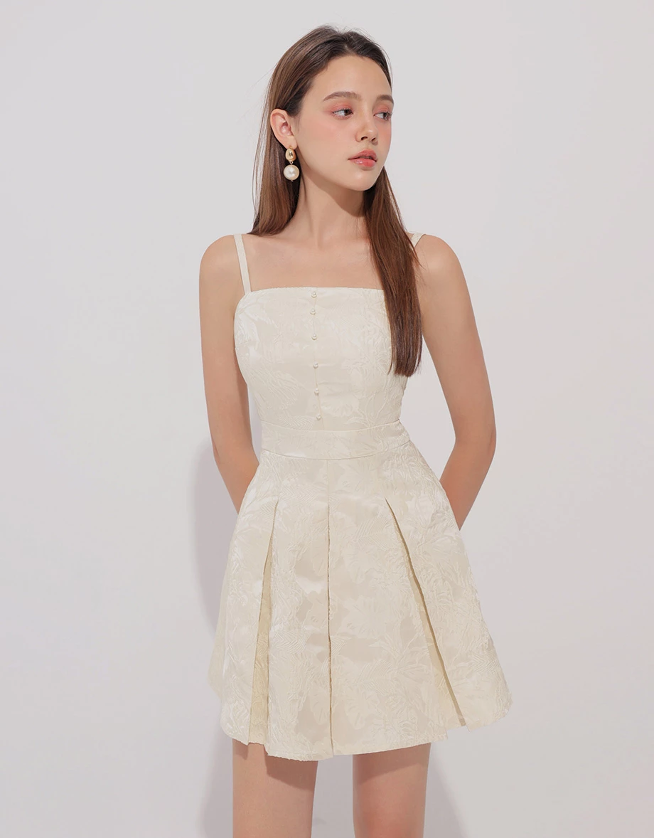 CNY CHEONGSAM QIPAO Dress Floral Jacquard Pleated Cheongsam Qipao Cami Mini Dress with Pearl Button Detail