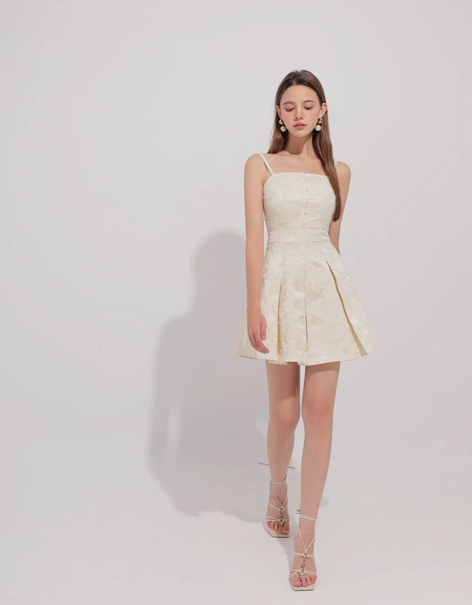 CNY CHEONGSAM QIPAO Dress Floral Jacquard Pleated Cheongsam Qipao Cami Mini Dress with Pearl Button Detail
