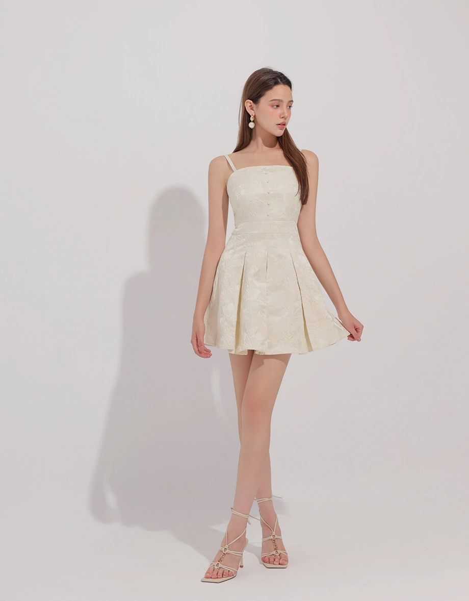 CNY CHEONGSAM QIPAO Dress Floral Jacquard Pleated Cheongsam Qipao Cami Mini Dress with Pearl Button Detail
