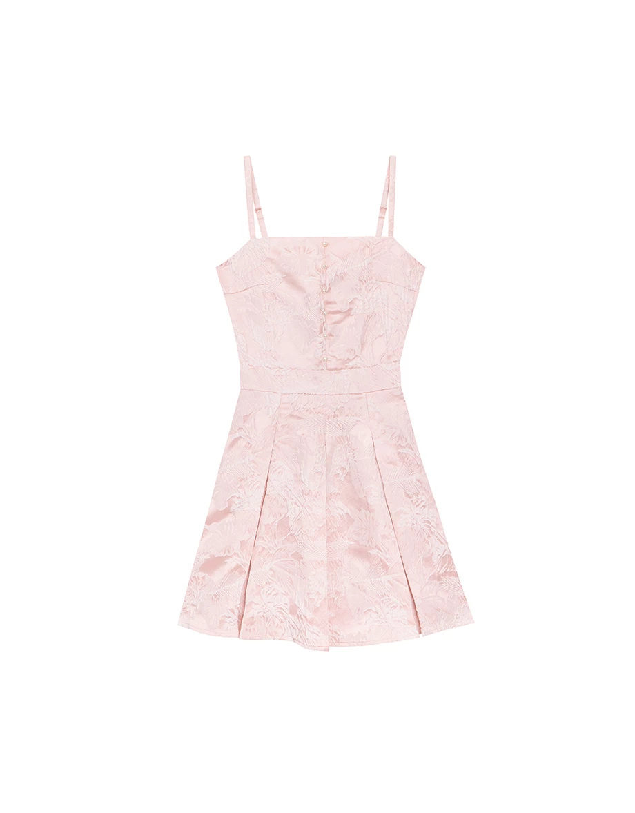 CNY CHEONGSAM QIPAO Dress Floral Jacquard Pleated Cheongsam Qipao Cami Mini Dress with Pearl Button Detail