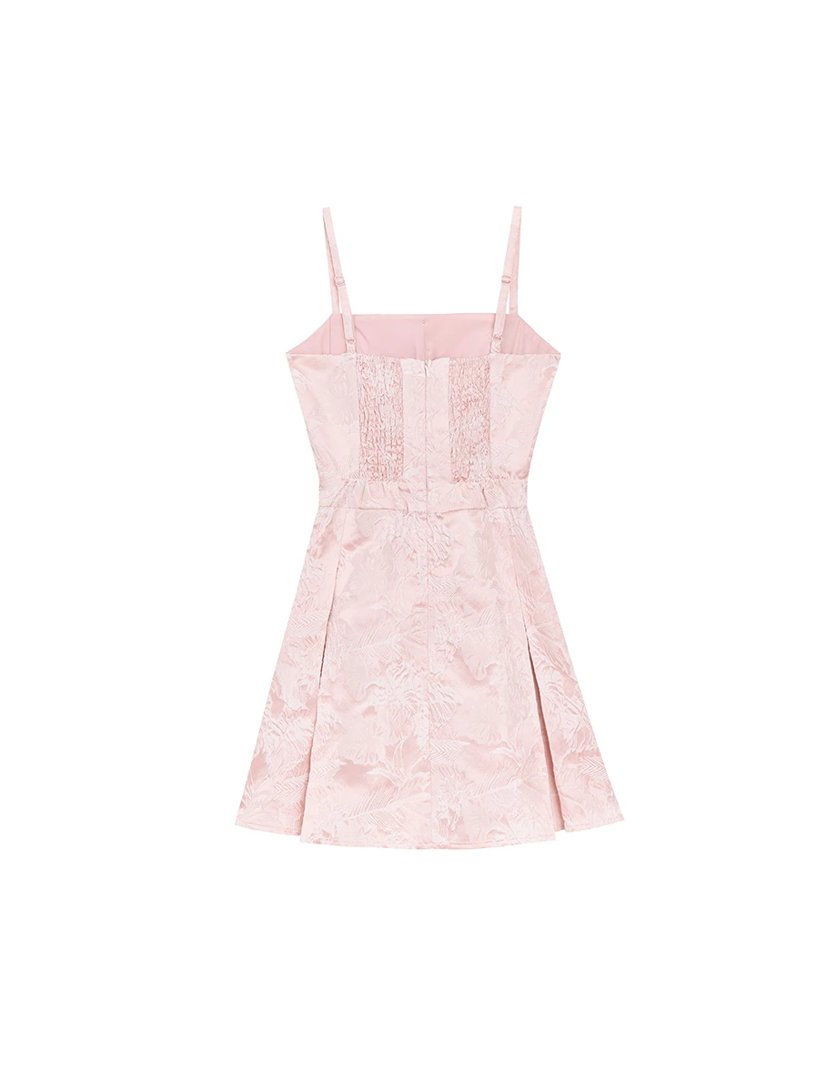 CNY CHEONGSAM QIPAO Dress Floral Jacquard Pleated Cheongsam Qipao Cami Mini Dress with Pearl Button Detail
