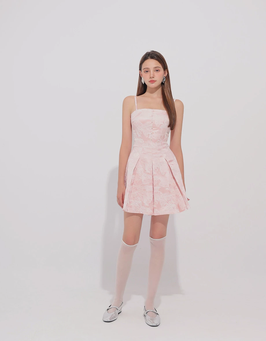 CNY CHEONGSAM QIPAO Dress Floral Jacquard Pleated Cheongsam Qipao Cami Mini Dress with Pearl Button Detail