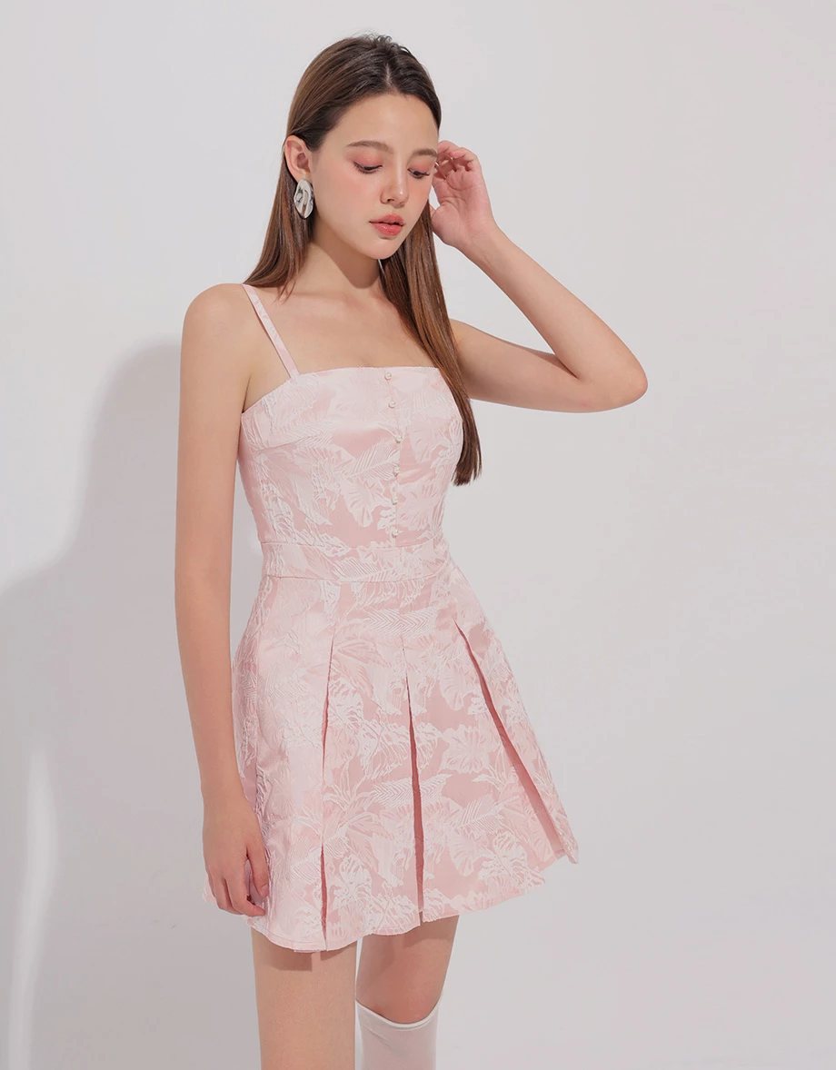 CNY CHEONGSAM QIPAO Dress Floral Jacquard Pleated Cheongsam Qipao Cami Mini Dress with Pearl Button Detail