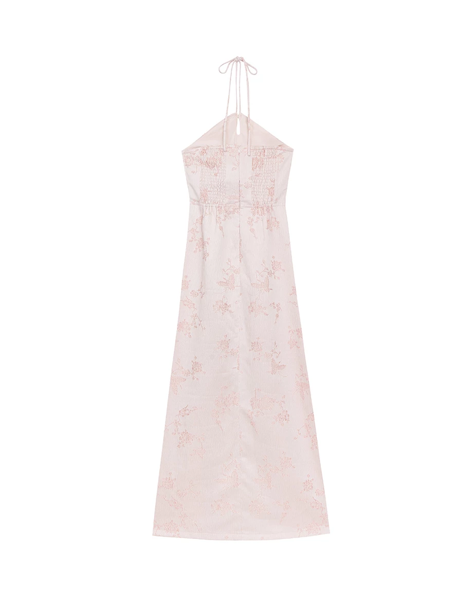 【Michie 聯名】緹花緞面繞頸細肩帶盤扣旗袍長洋裝(附胸墊) M01