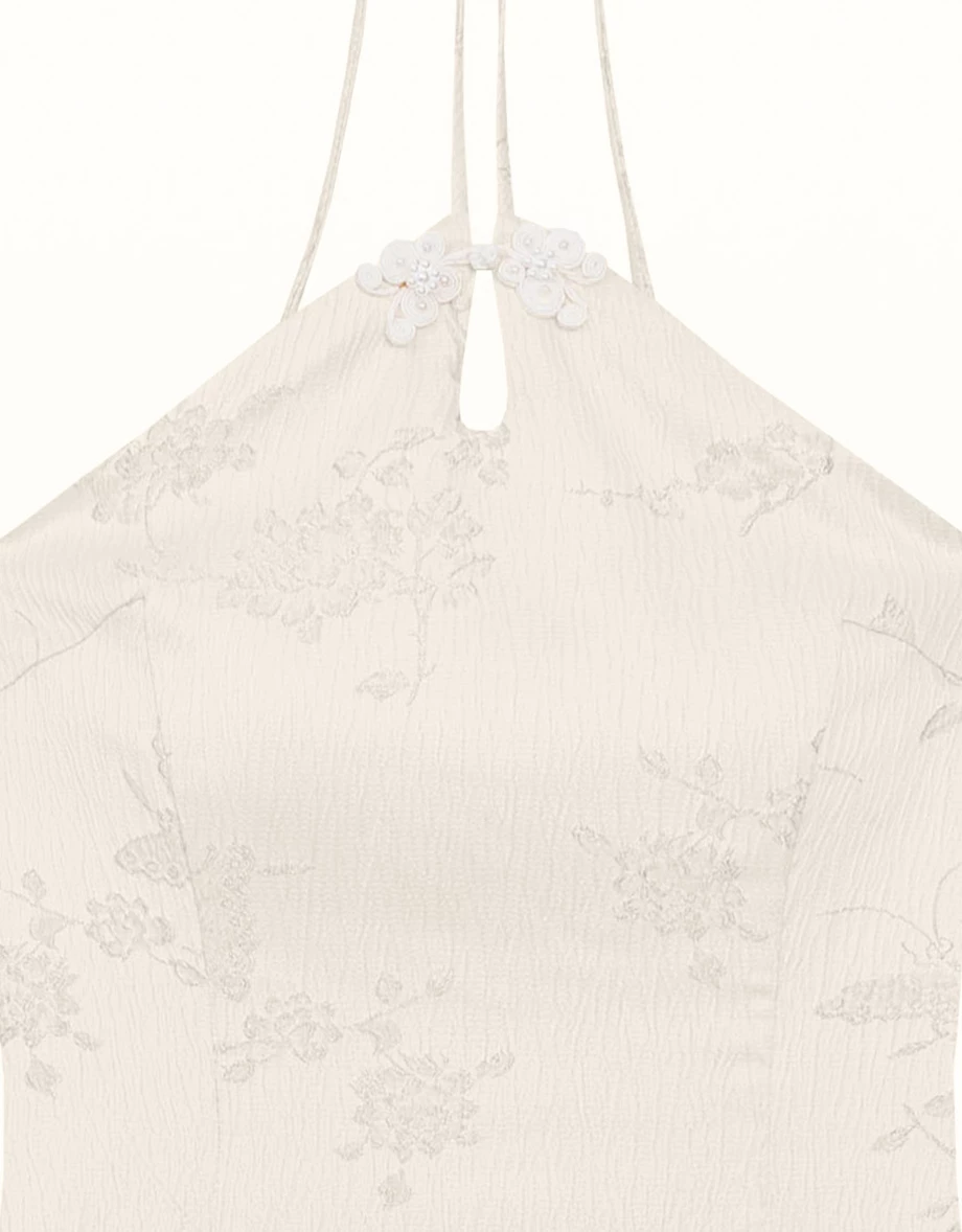 【Michie 聯名】緹花緞面繞頸細肩帶盤扣旗袍長洋裝(附胸墊) M01