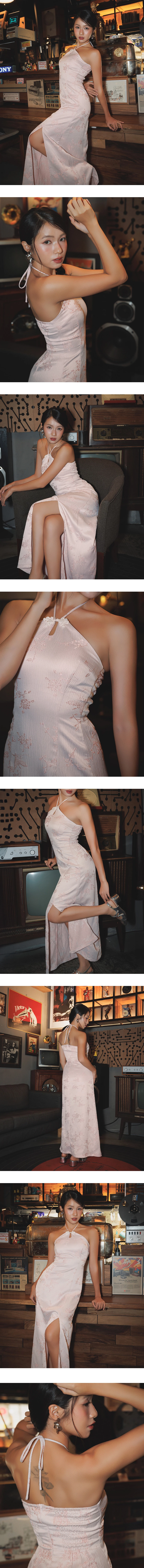 【Michie Design】Gaun Maxi Qipao Satin Corak Jacquard Bunga Leher Halter Berpadding MO1
