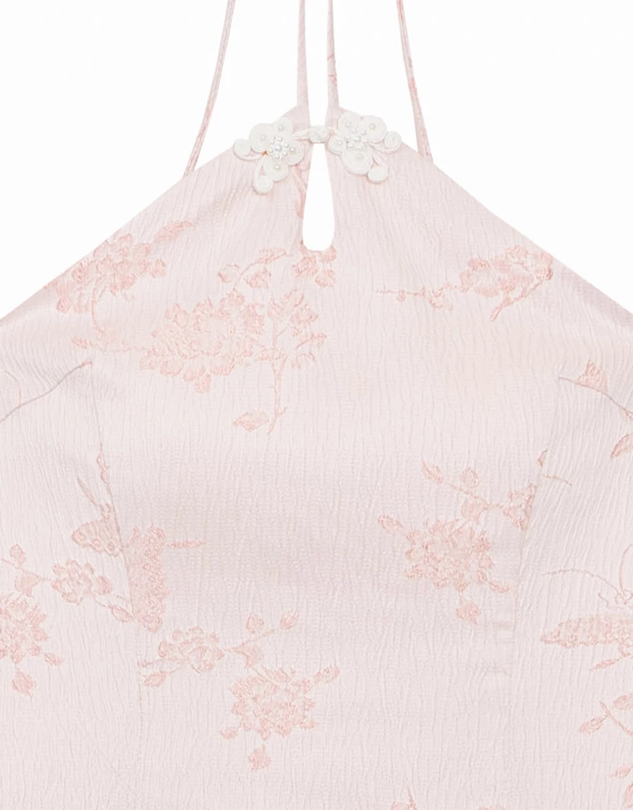 【Michie 聯名】緹花緞面繞頸細肩帶盤扣旗袍長洋裝(附胸墊) M01