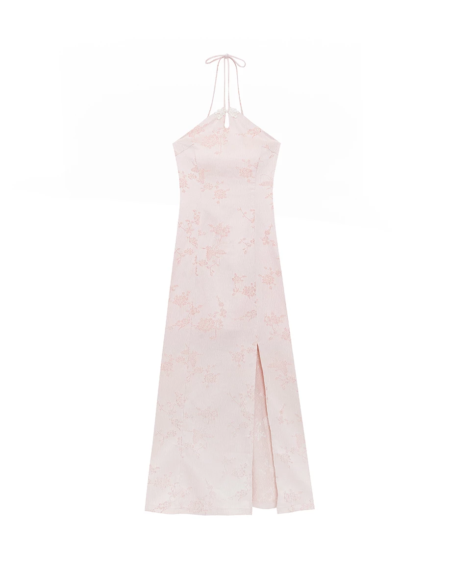 【Michie Design】Gaun Maxi Qipao Satin Corak Jacquard Bunga Leher Halter Berpadding MO1