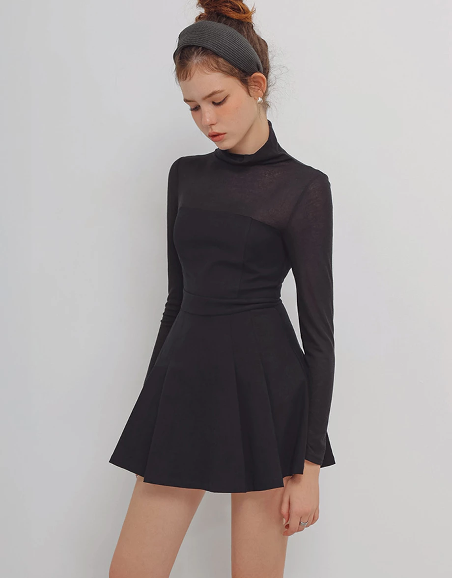 Turtleneck Long Sleeve Flared Hem Mini Dress