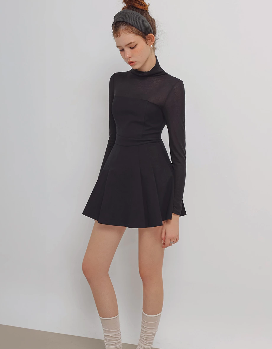 Turtleneck Long Sleeve Flared Hem Mini Dress