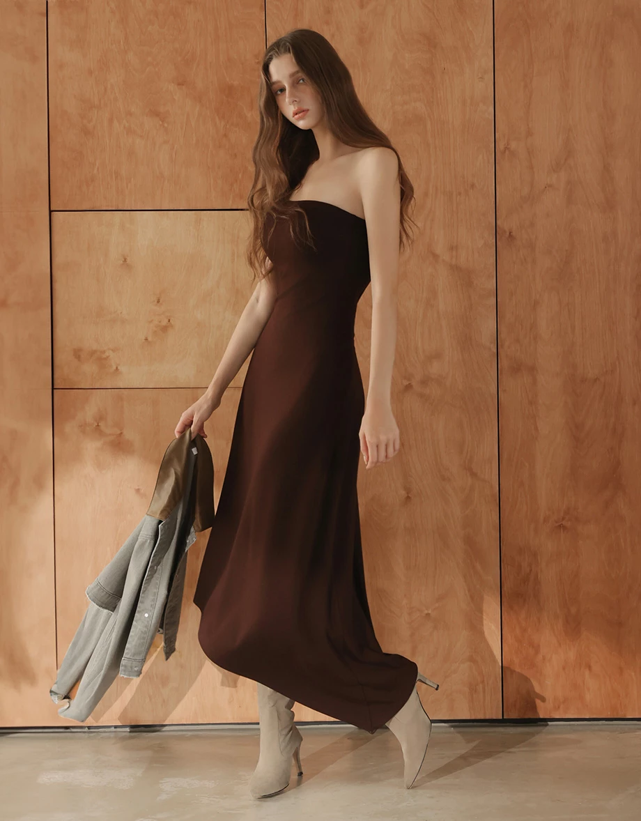 Fitted Strapless Asymmetrical Hem Padded Maxi Dress Fitted Strapless Asymmetrical Hem Padded Maxi Dress