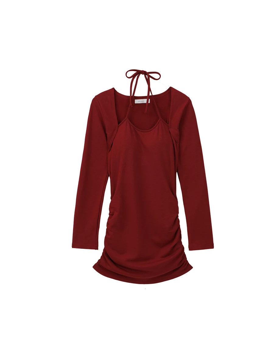 Cut Out Shoulder Halter Strap Bodycon Dress with Side Ruched Detail