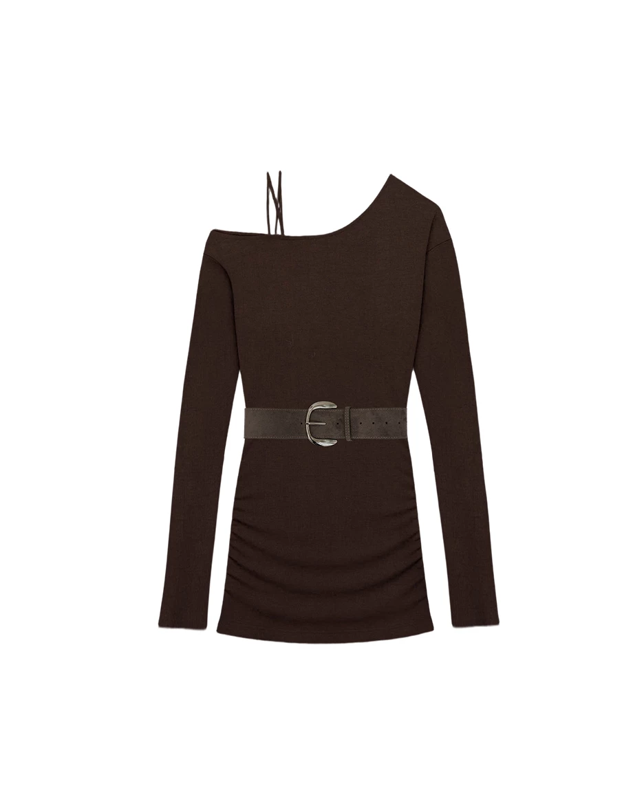 Asymmetric One Shoulder Ruched Bodycon Mini Dress (with Belt)