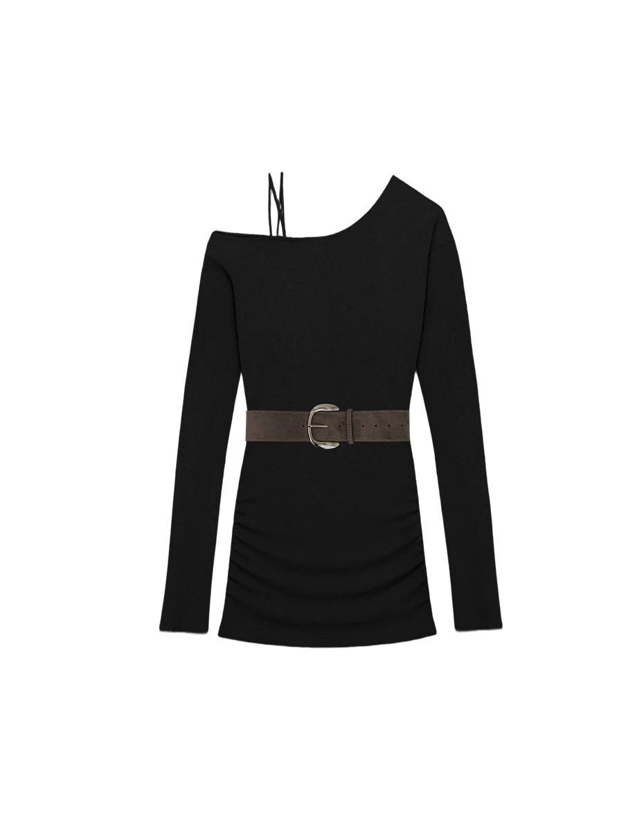 Asymmetric One Shoulder Ruched Bodycon Mini Dress (with Belt)