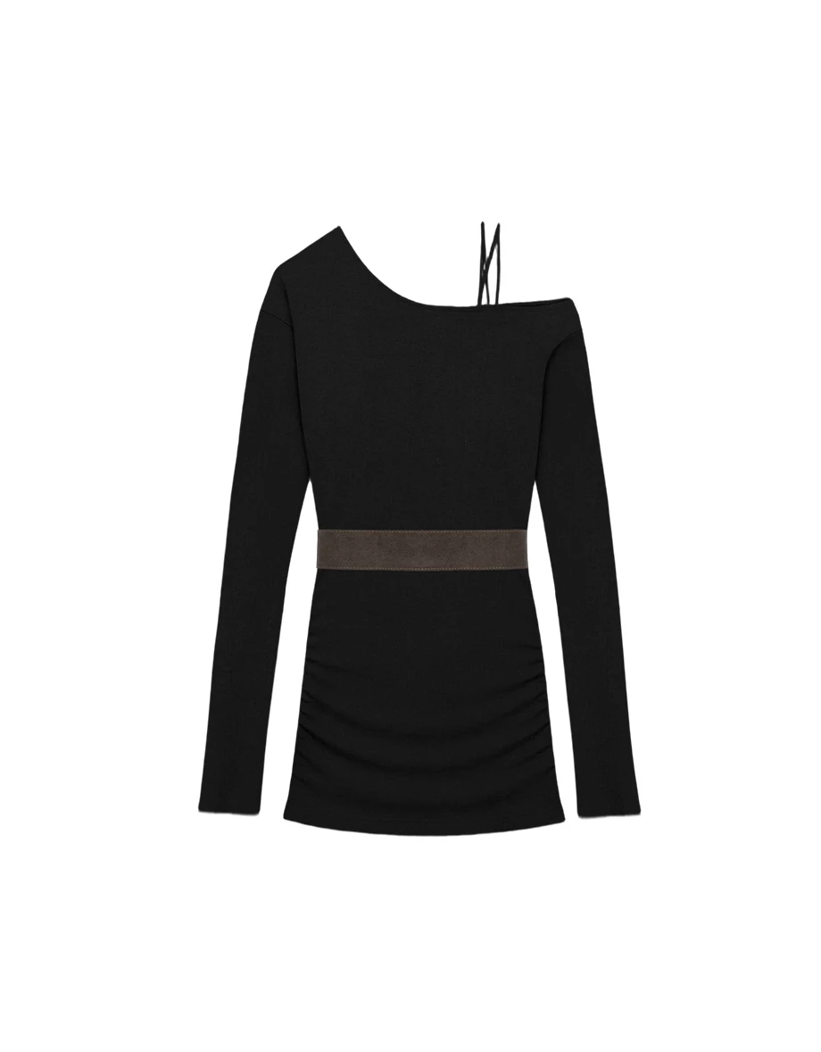 Asymmetric One Shoulder Ruched Bodycon Mini Dress (with Belt)