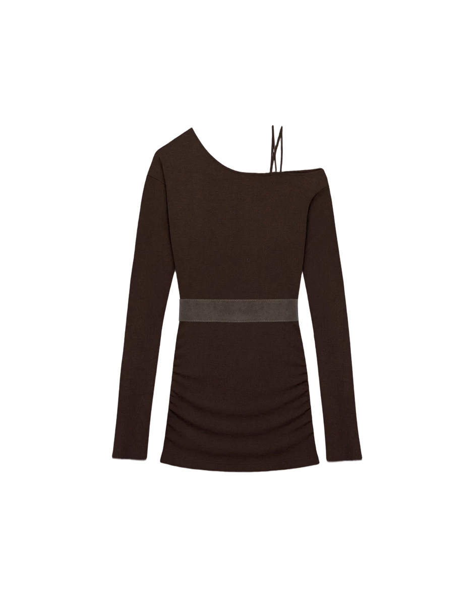 Asymmetric One Shoulder Ruched Bodycon Mini Dress (with Belt)