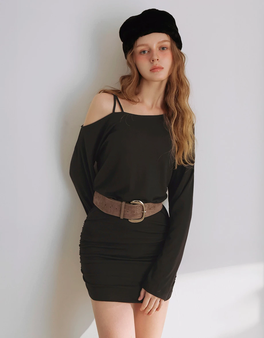 Asymmetric One Shoulder Ruched Bodycon Mini Dress (with Belt) Asymmetric One Shoulder Ruched Bodycon Mini Dress (with Belt)