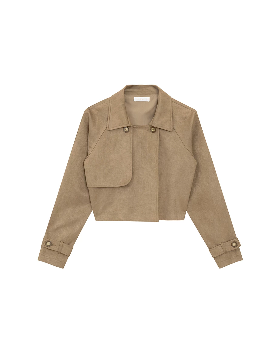 Classic Collar Faux Suede Cropped Trench Jacket