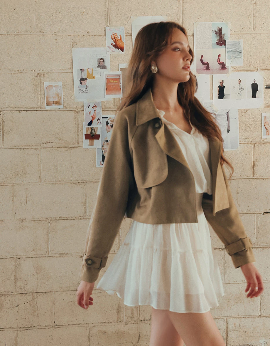 Classic Collar Faux Suede Cropped Trench Jacket