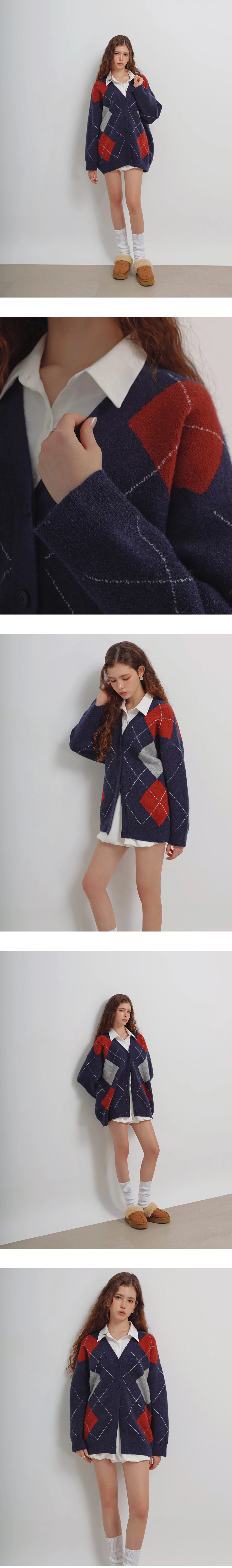 V Neck Oversized Argyle Knit Button Down Cardigan