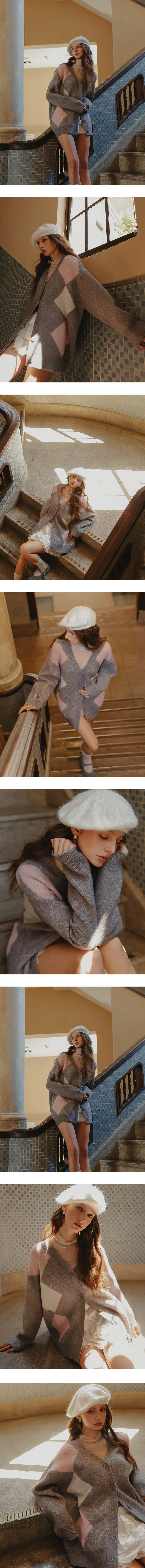 V Neck Oversized Argyle Knit Button Down Cardigan