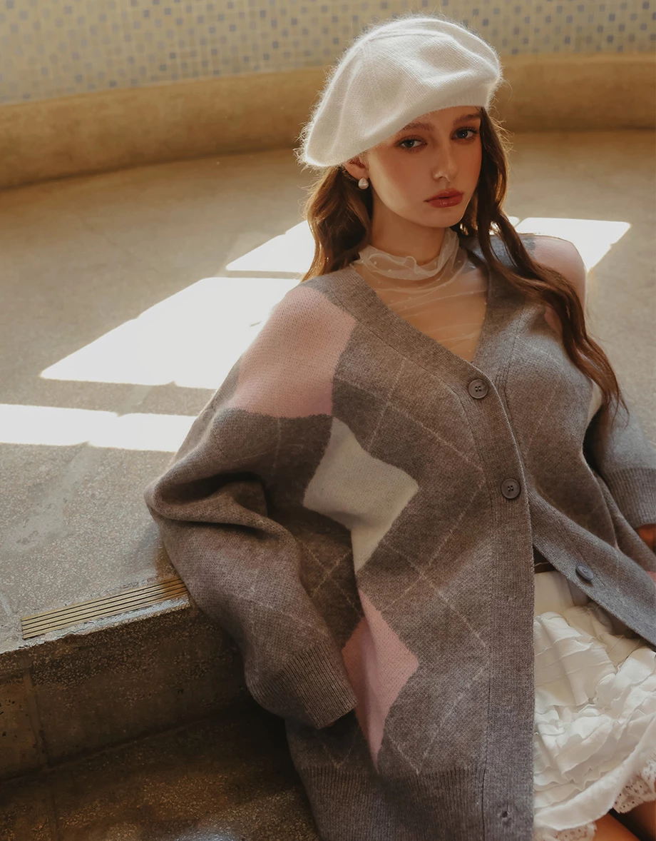 V Neck Oversized Argyle Knit Button Down Cardigan