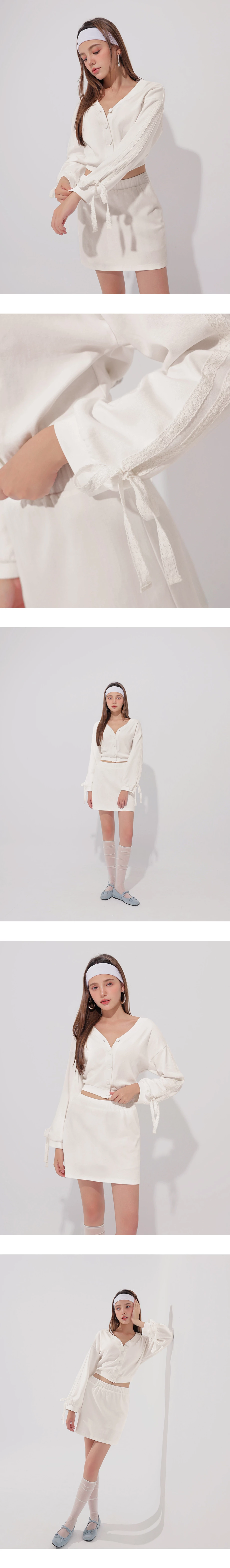 Lace Trim Drawstring Sleeve Cropped Cardigan and Elastic Waist A Line Mini Skirt Set Wear