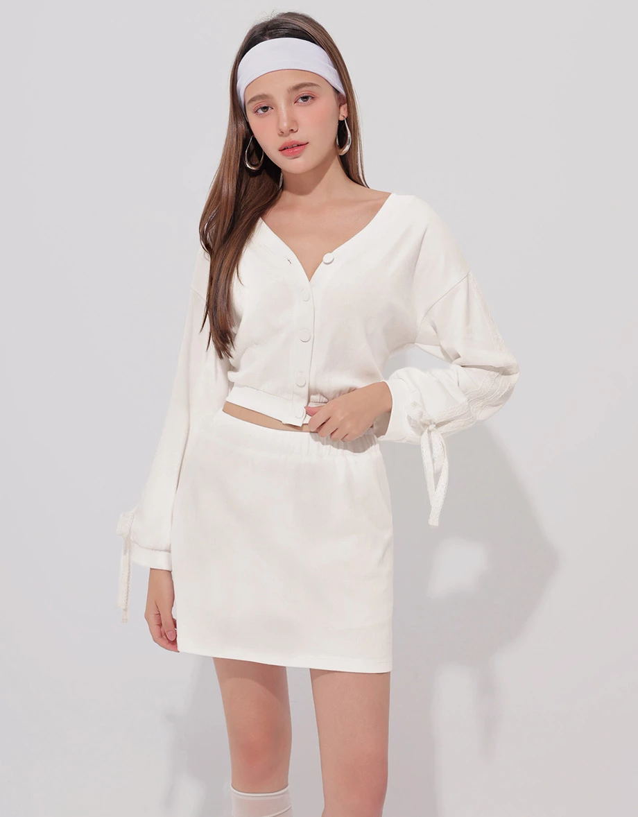 Lace Trim Drawstring Sleeve Cropped Cardigan and Elastic Waist A Line Mini Skirt Set Wear