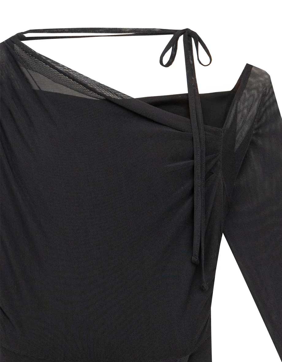 One Shoulder Sheer Mesh Panel Long Sleeve Padded Maxi Dress