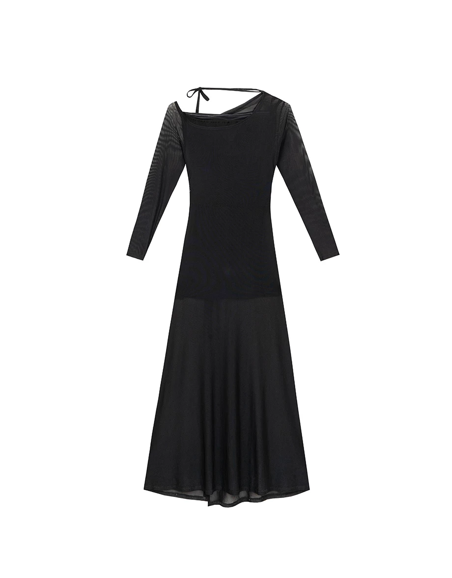 One Shoulder Sheer Mesh Panel Long Sleeve Padded Maxi Dress