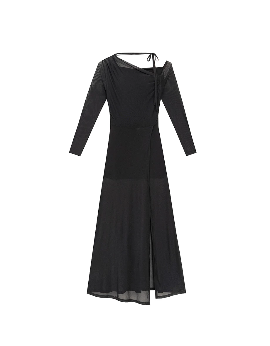 One Shoulder Sheer Mesh Panel Long Sleeve Padded Maxi Dress