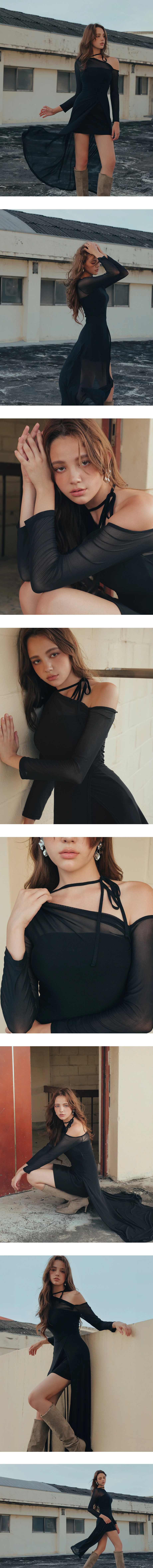 One Shoulder Sheer Mesh Panel Long Sleeve Padded Maxi Dress