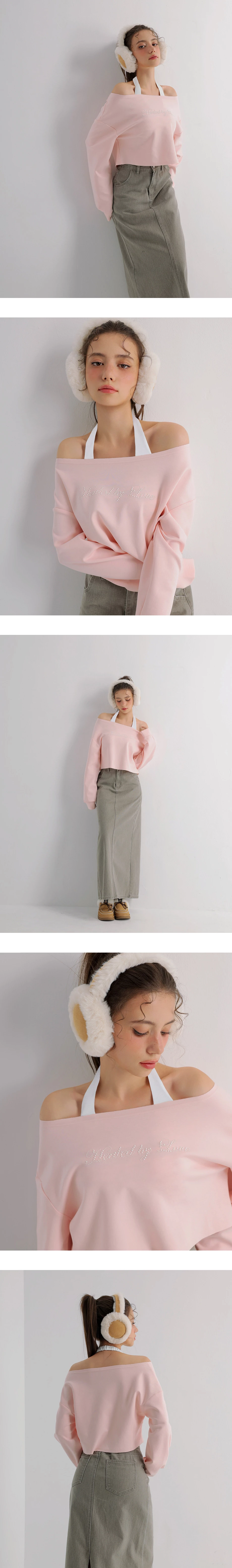 Rhinestone Off Shoulder Sweatshirt and Halter Inner Padded Tank Top Set Wear