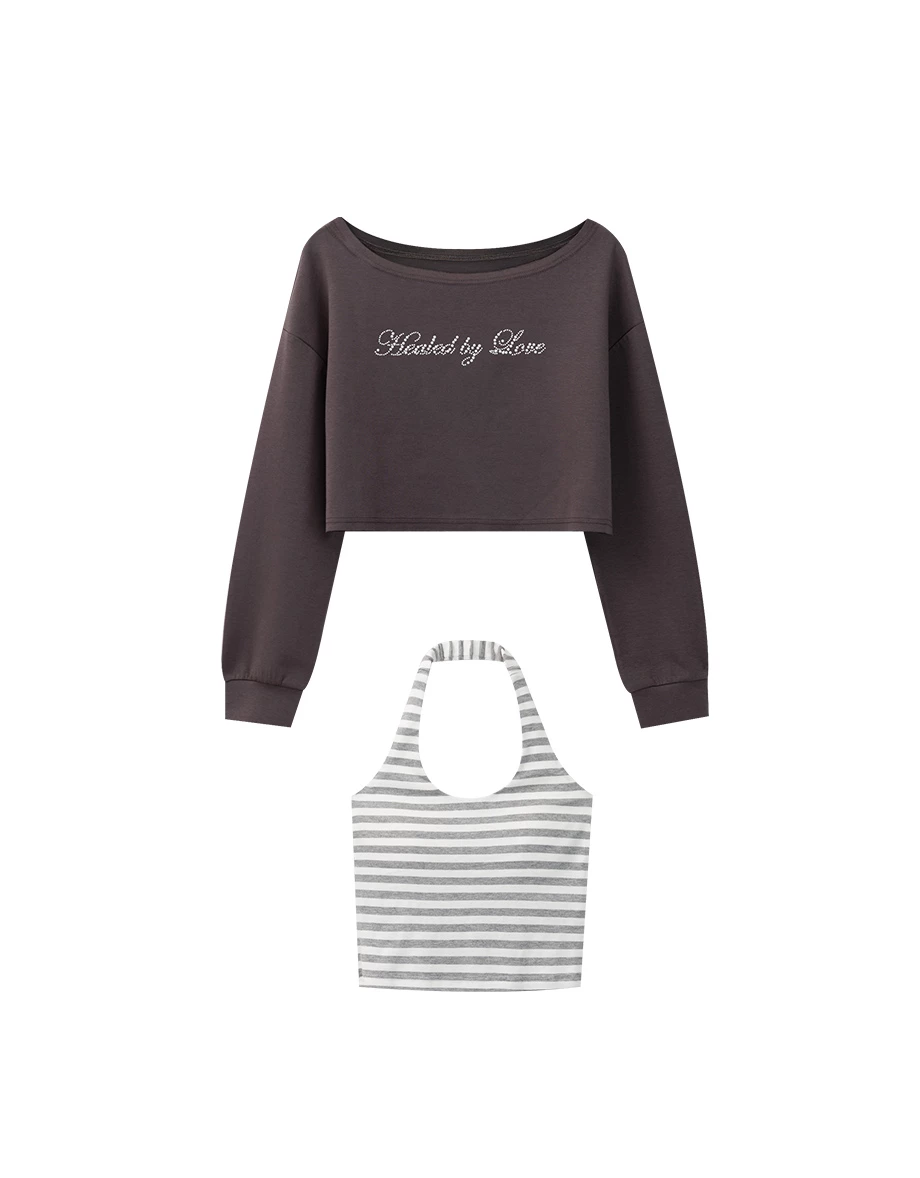 Rhinestone Off Shoulder Sweatshirt and Halter Inner Padded Tank Top Set Wear