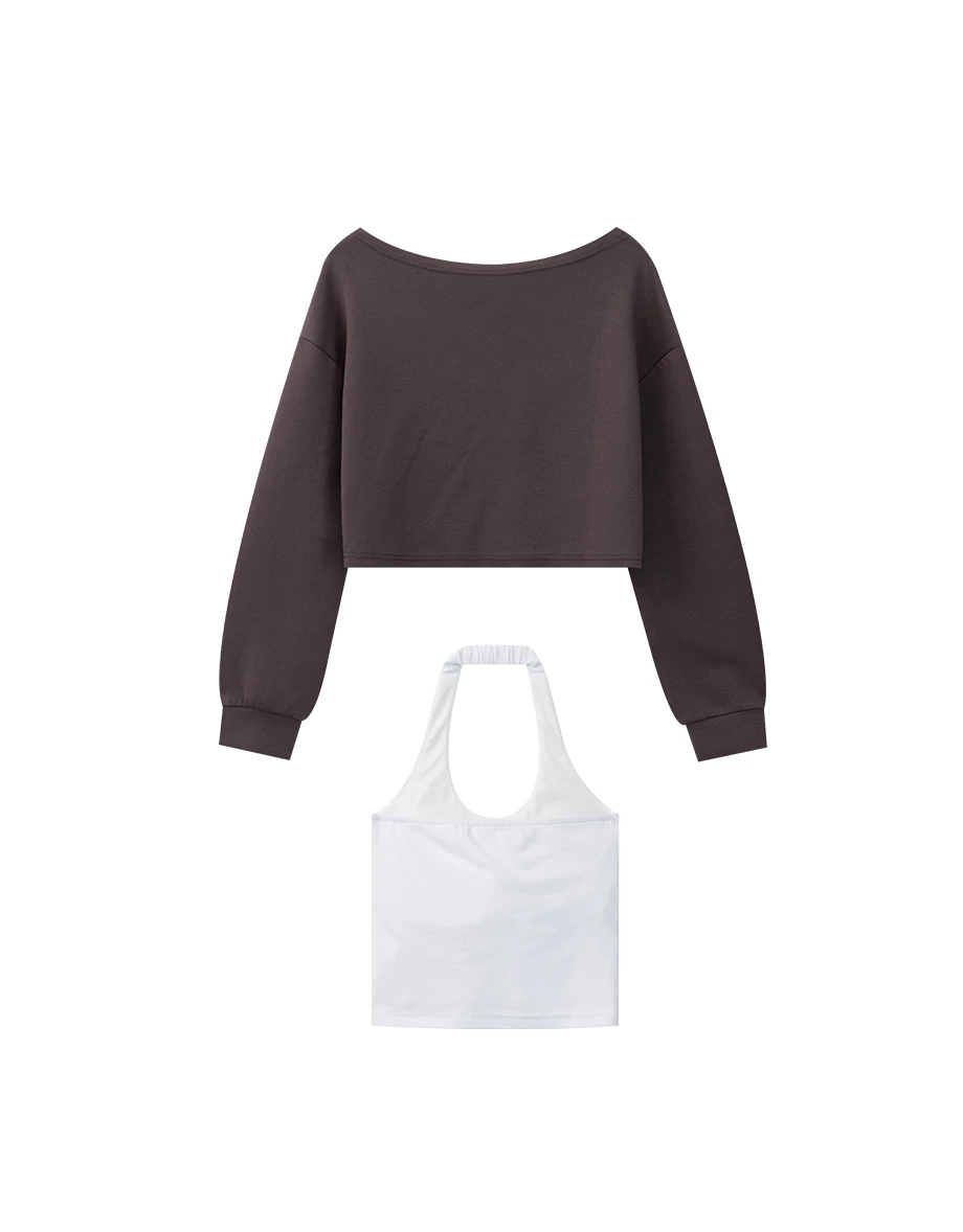 Rhinestone Off Shoulder Sweatshirt and Halter Inner Padded Tank Top Set Wear Rhinestone Off Shoulder Sweatshirt and Halter Inner Padded Tank Top Set Wear