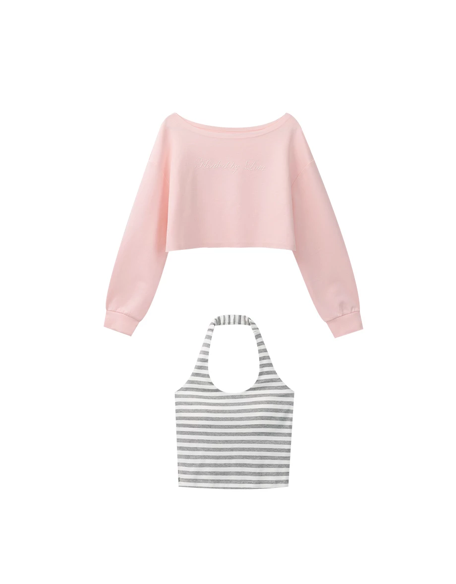 Rhinestone Off Shoulder Sweatshirt and Halter Inner Padded Tank Top Set Wear