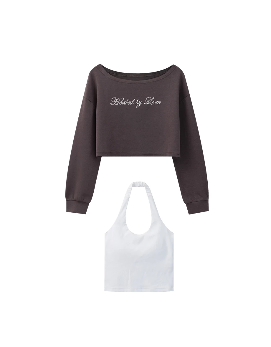 Rhinestone Off Shoulder Sweatshirt and Halter Inner Padded Tank Top Set Wear