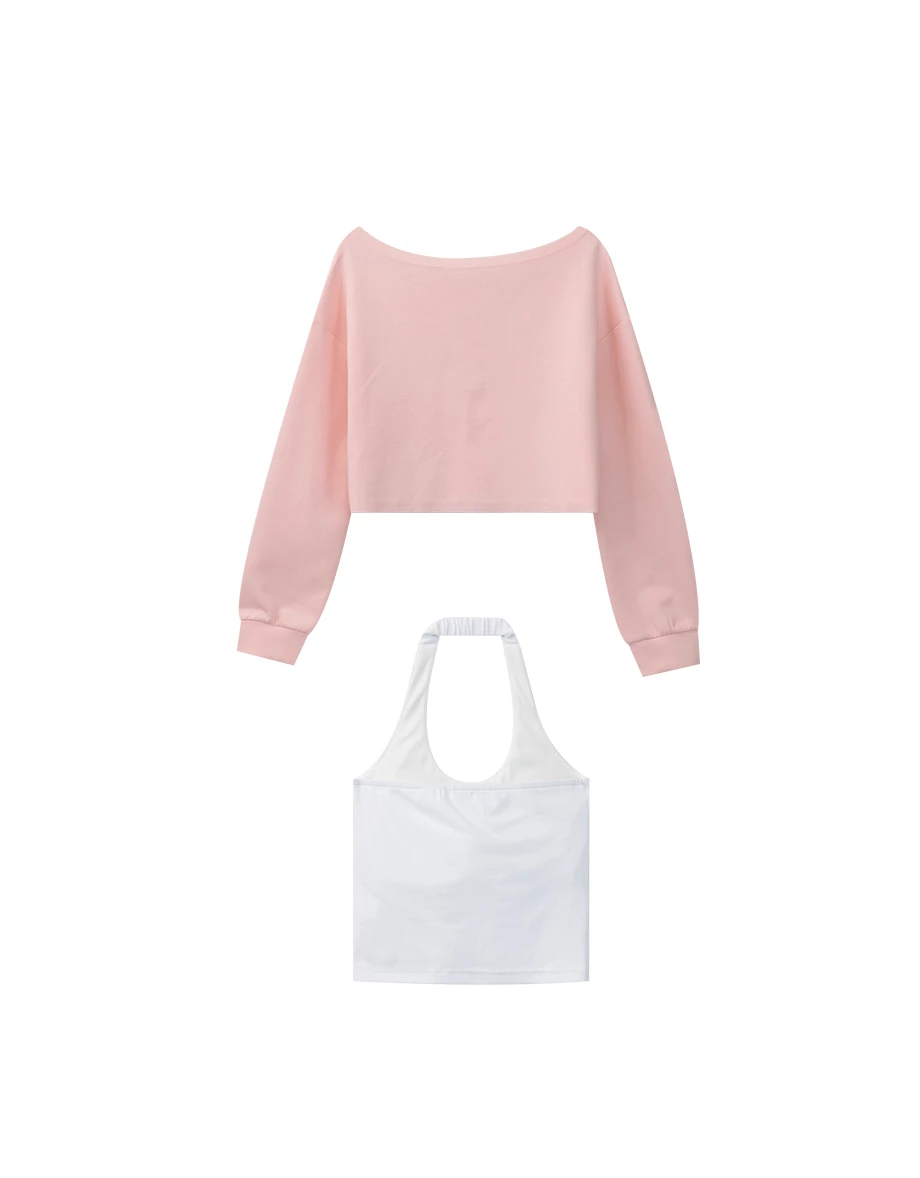 Rhinestone Off Shoulder Sweatshirt and Halter Inner Padded Tank Top Set Wear