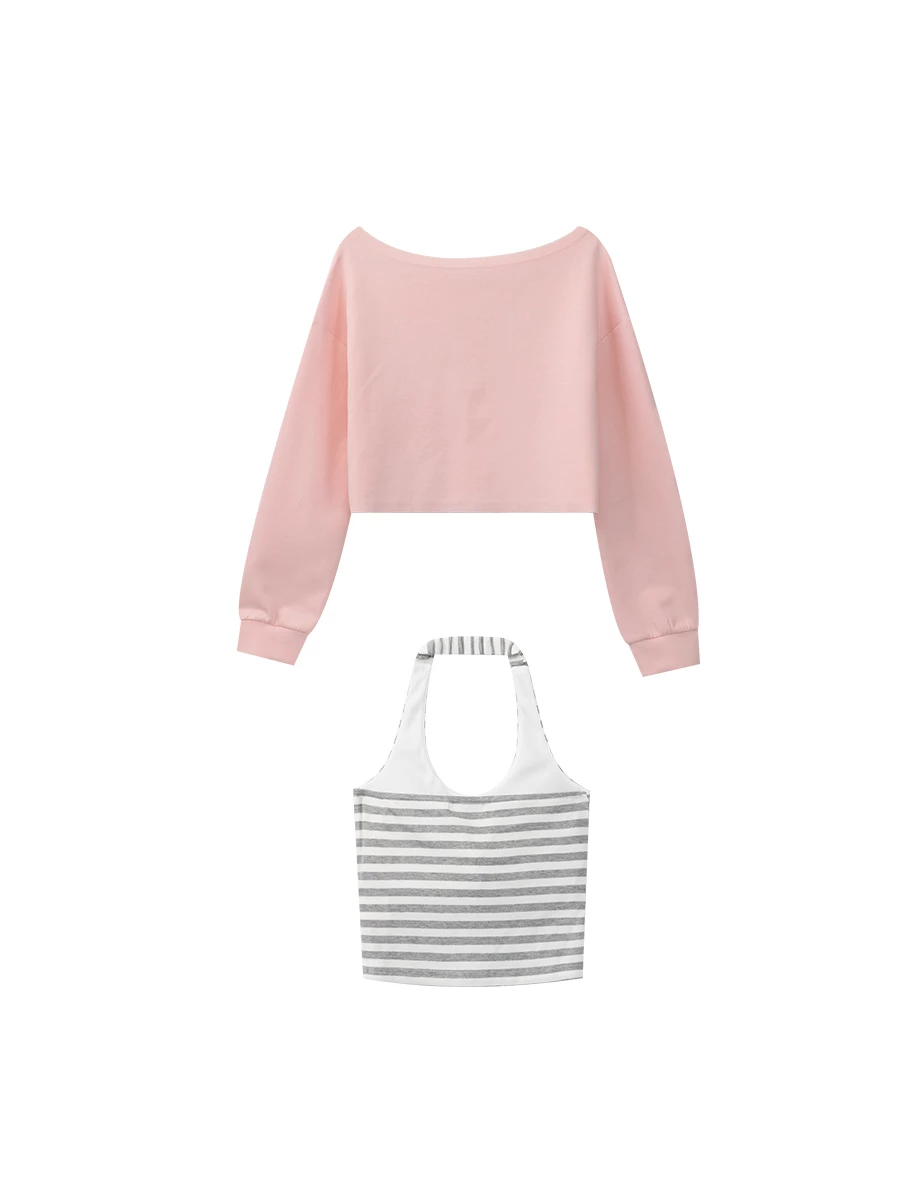 Rhinestone Off Shoulder Sweatshirt and Halter Inner Padded Tank Top Set Wear Rhinestone Off Shoulder Sweatshirt and Halter Inner Padded Tank Top Set Wear