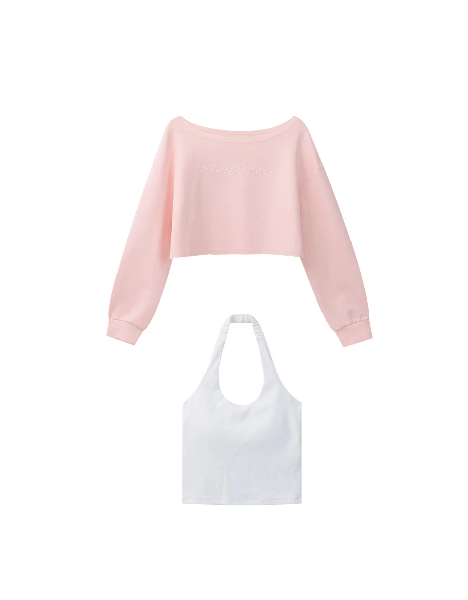 Rhinestone Off Shoulder Sweatshirt and Halter Inner Padded Tank Top Set Wear