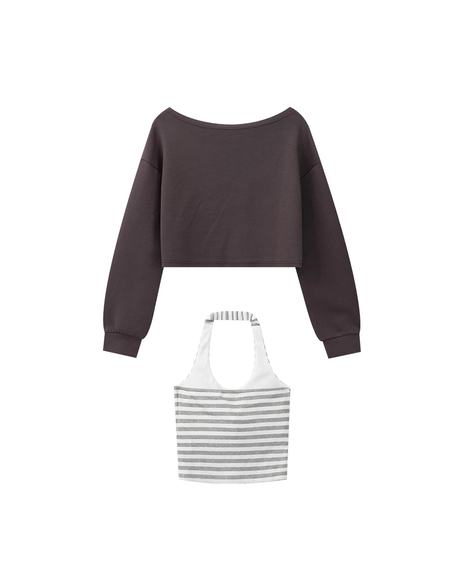 Rhinestone Off Shoulder Sweatshirt and Halter Inner Padded Tank Top Set Wear