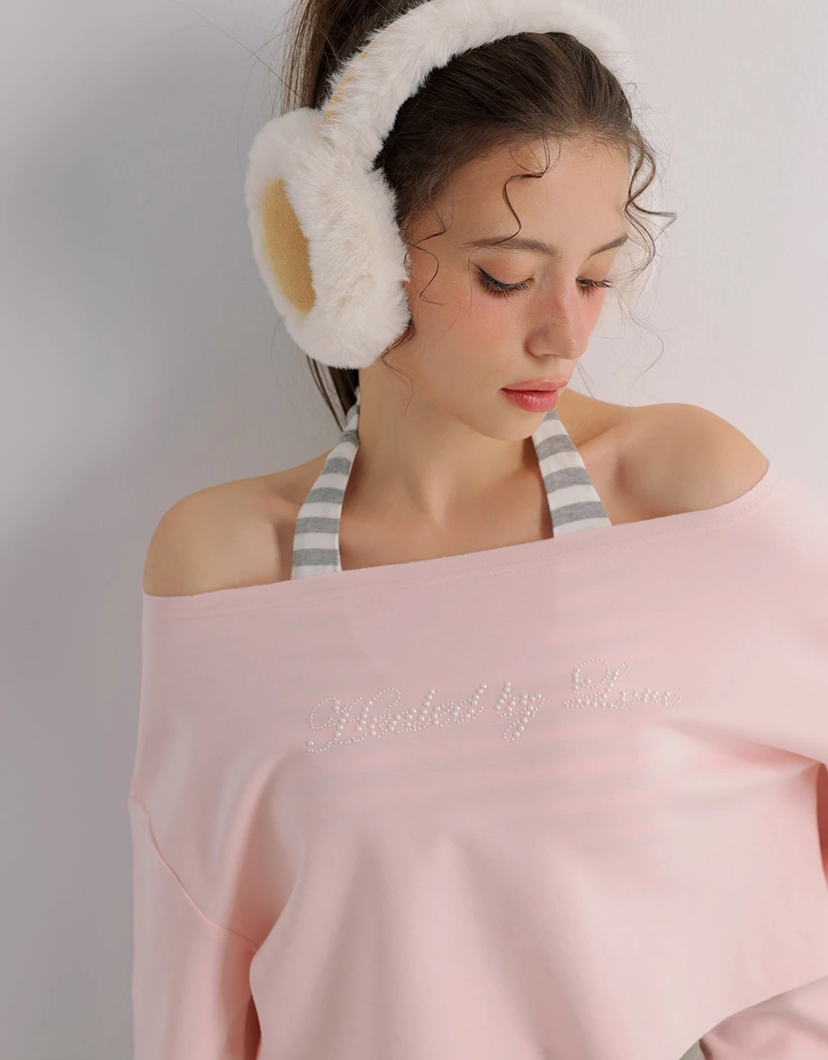 Rhinestone Off Shoulder Sweatshirt and Halter Inner Padded Tank Top Set Wear