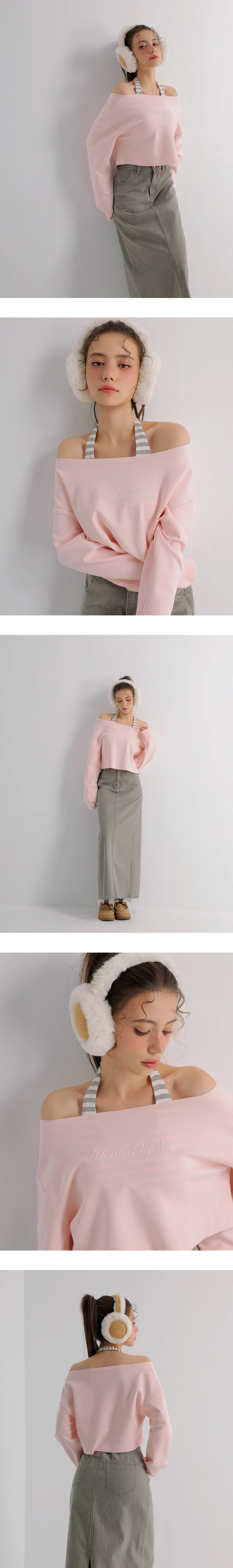 Rhinestone Off Shoulder Sweatshirt and Halter Inner Padded Tank Top Set Wear Rhinestone Off Shoulder Sweatshirt and Halter Inner Padded Tank Top Set Wear