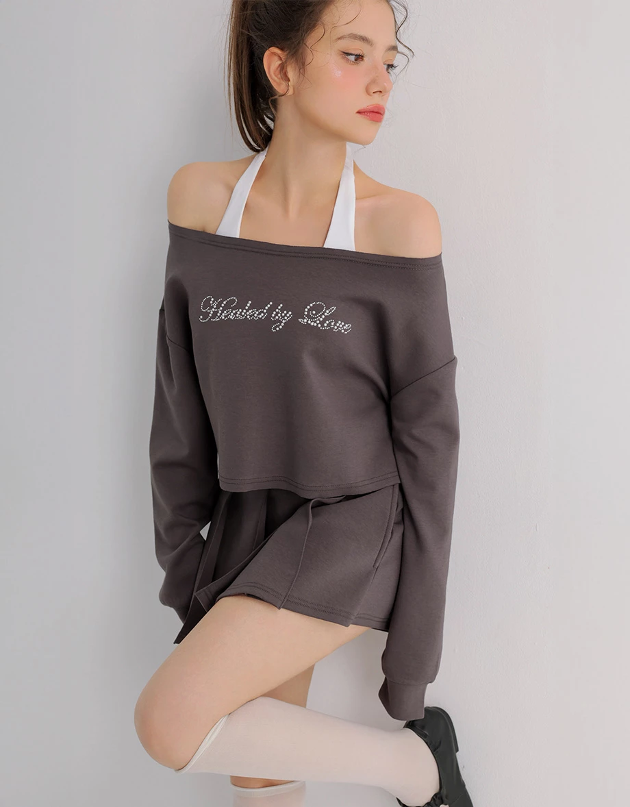 Rhinestone Off Shoulder Sweatshirt and Halter Inner Padded Tank Top Set Wear Rhinestone Off Shoulder Sweatshirt and Halter Inner Padded Tank Top Set Wear