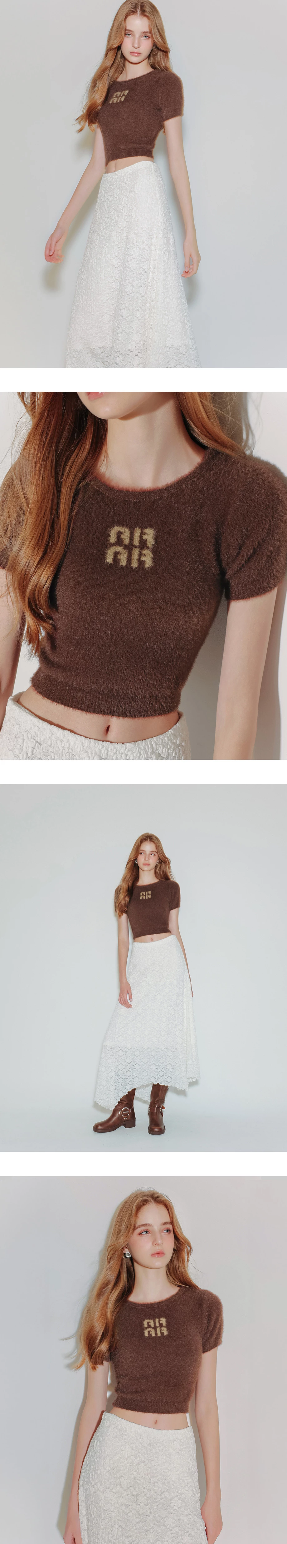 Fluffy Knit Short Sleeve Crop Top with AIR SPACE Logo Embroidered