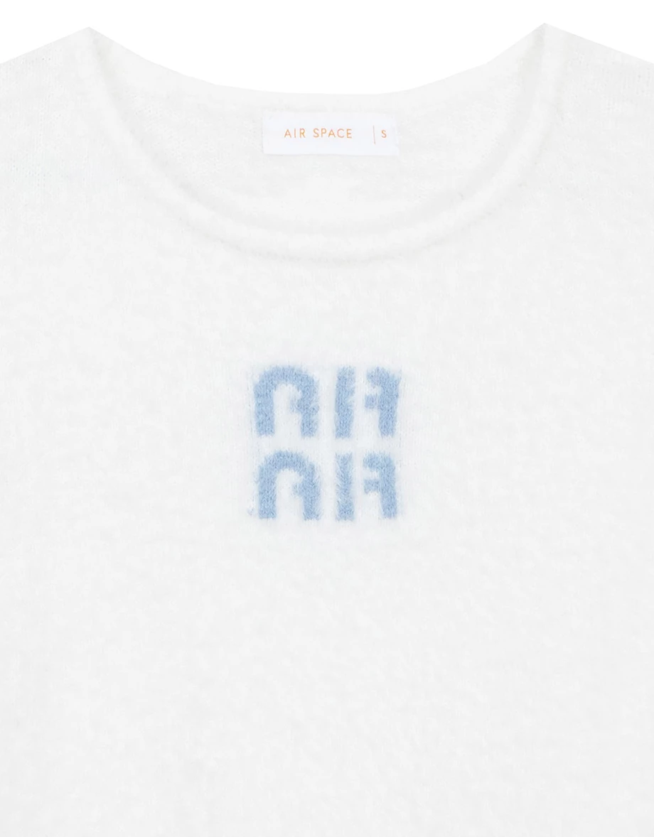 Fluffy Knit Short Sleeve Crop Top with AIR SPACE Logo Embroidered