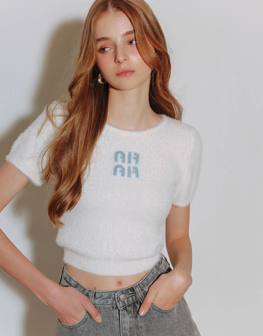 Fluffy Knit Short Sleeve Crop Top with AIR SPACE Logo Embroidered